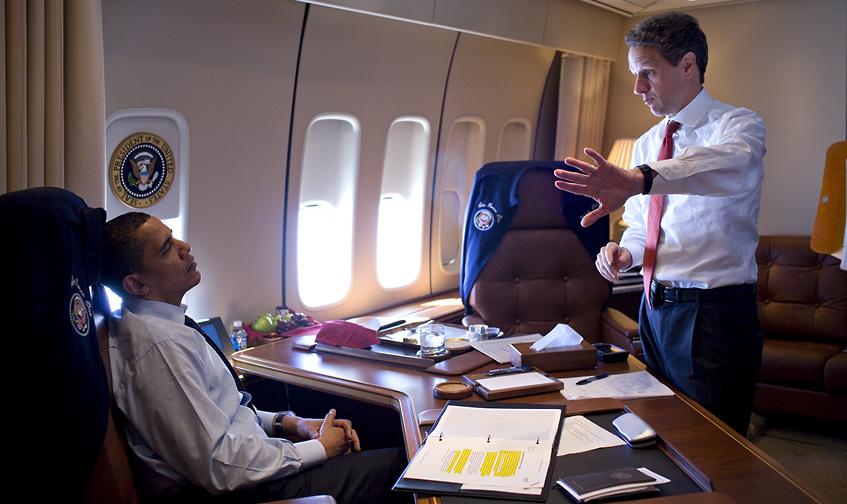 "Let's incentivize the columnists with a conference discount," Treasury Secretary Tim Geithner tells the president during a flight to Macon, Ga. (Neither will be there May 4-6).